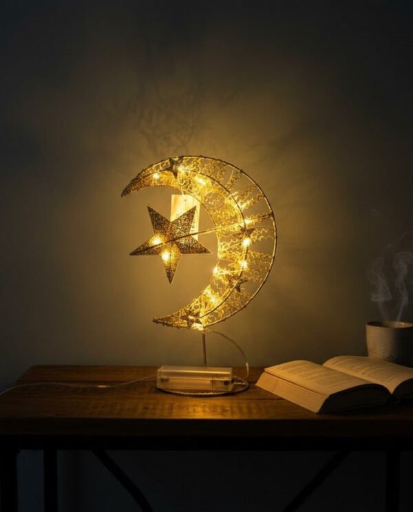 Gold Crescent Moon & Star LED Table Décor Light